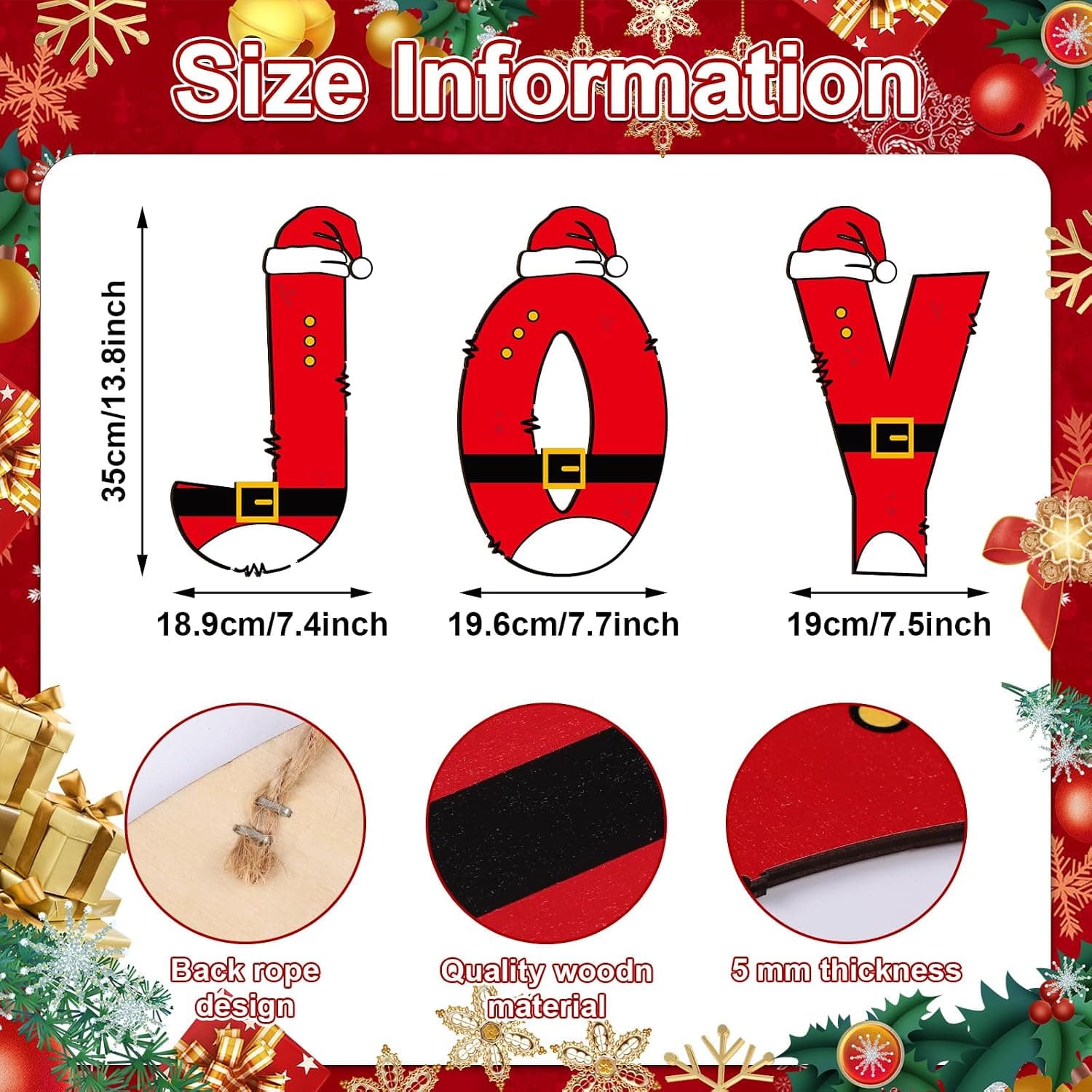 3 Pcs 14 Inch Joy Christmas Tree Ornament Rustic Wood Joy Letter Sign Hanging Xmas Joy Nativity Sign Peppermint Candy Cane Santa Ornament for Gift Holiday Xmas Party