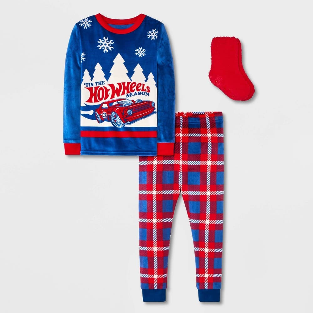 Toddler Boys' 2pc Hot Wheels Snuggly Soft Pajama Set with Socks - Navy Blue 5T