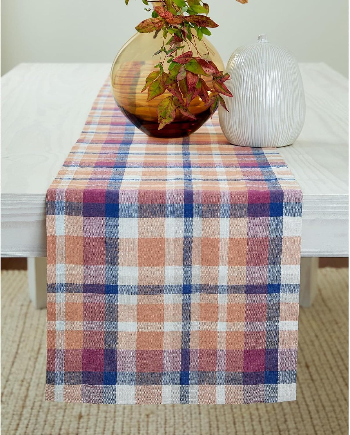 Fall Solino Home 100% Linen Dining Table Runner Multicolor Plaid, 14 x 48 in
