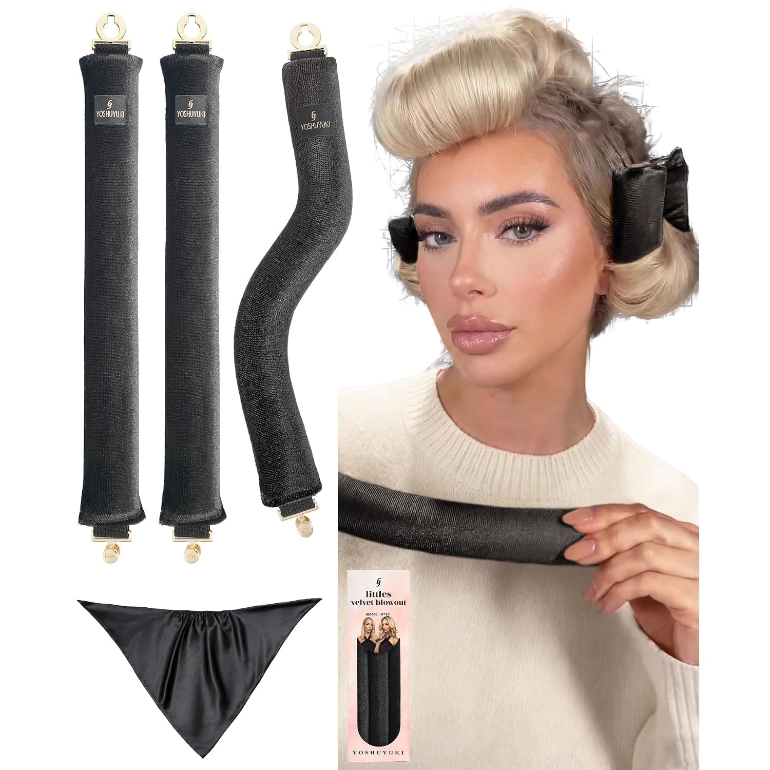 YOSHUYUKI Velvet Heatless Curls Overnight Flexible Curling Rods Heatless Curlers No Heat Damage Foam Hair Rollers for Short Long Hair to Sleep in with Triangular Satin Scarf