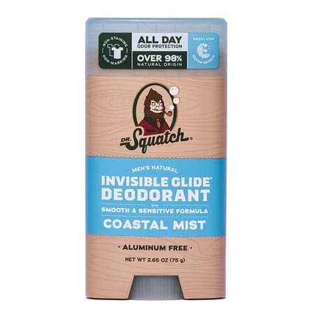 Dr. Squatch Mens Invisible Glide Deodorant Stick  Natural Aluminum Free Deodorant for Men  Coastal Mist  2.65 Oz