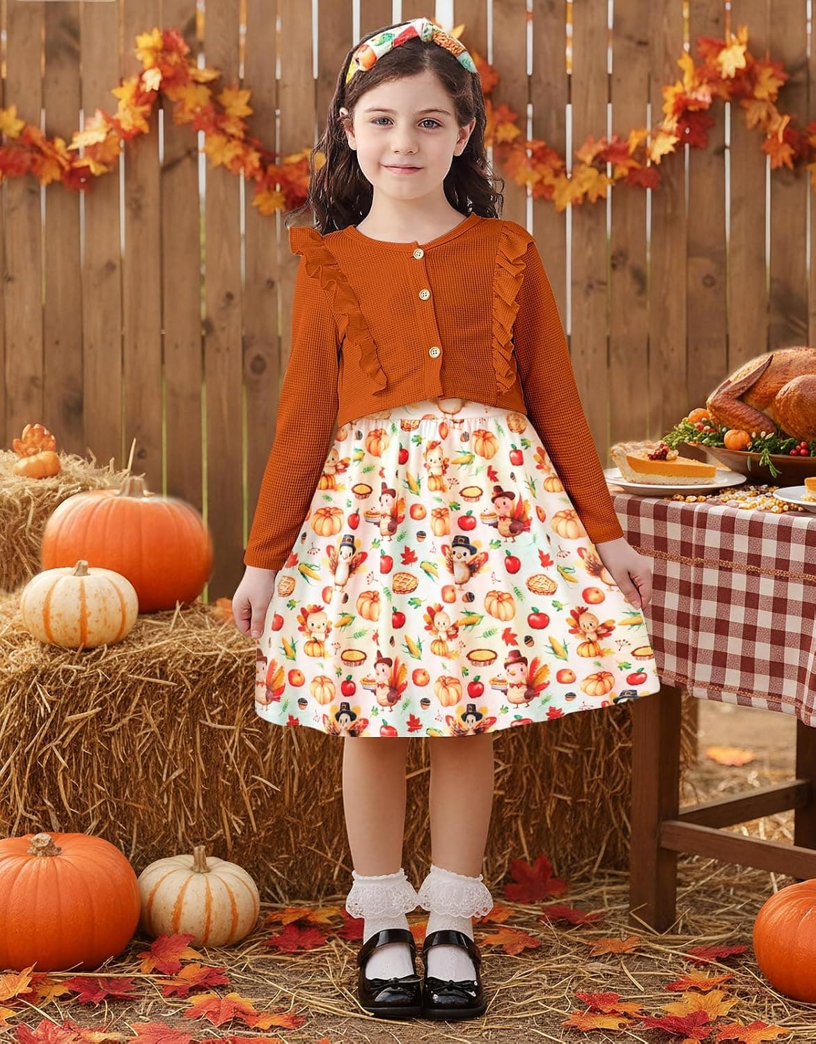 Move Dance Thanksgiving Day Girls Fall Dress and Waffle Cardigan Sets 3T 4T Outfits for School Kids Sleeveless Turkey Pumpkin Dresses with Hairband