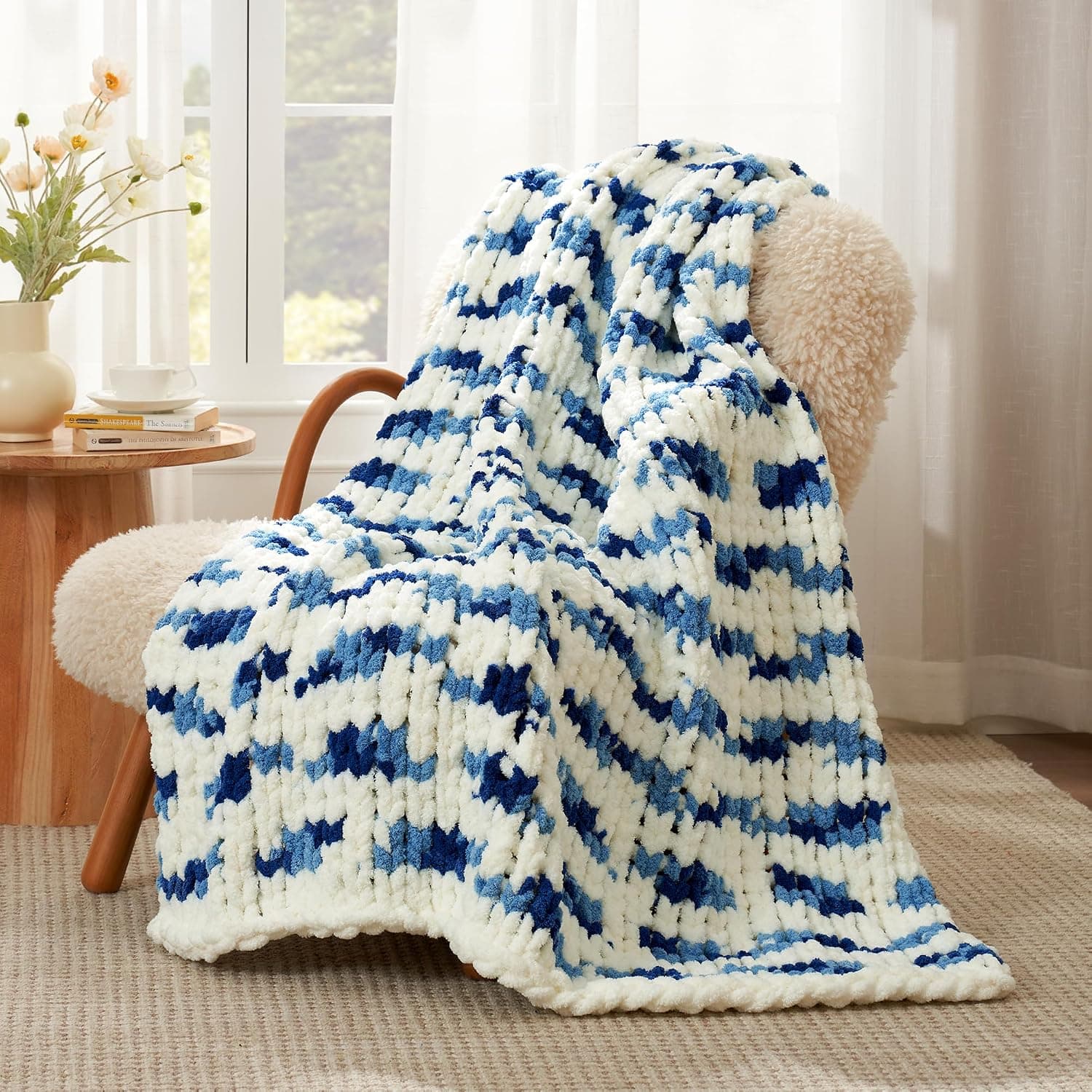 Chunky Knit Throw Blanket for Couch 50"x60", Space-Dyed Blue Striped