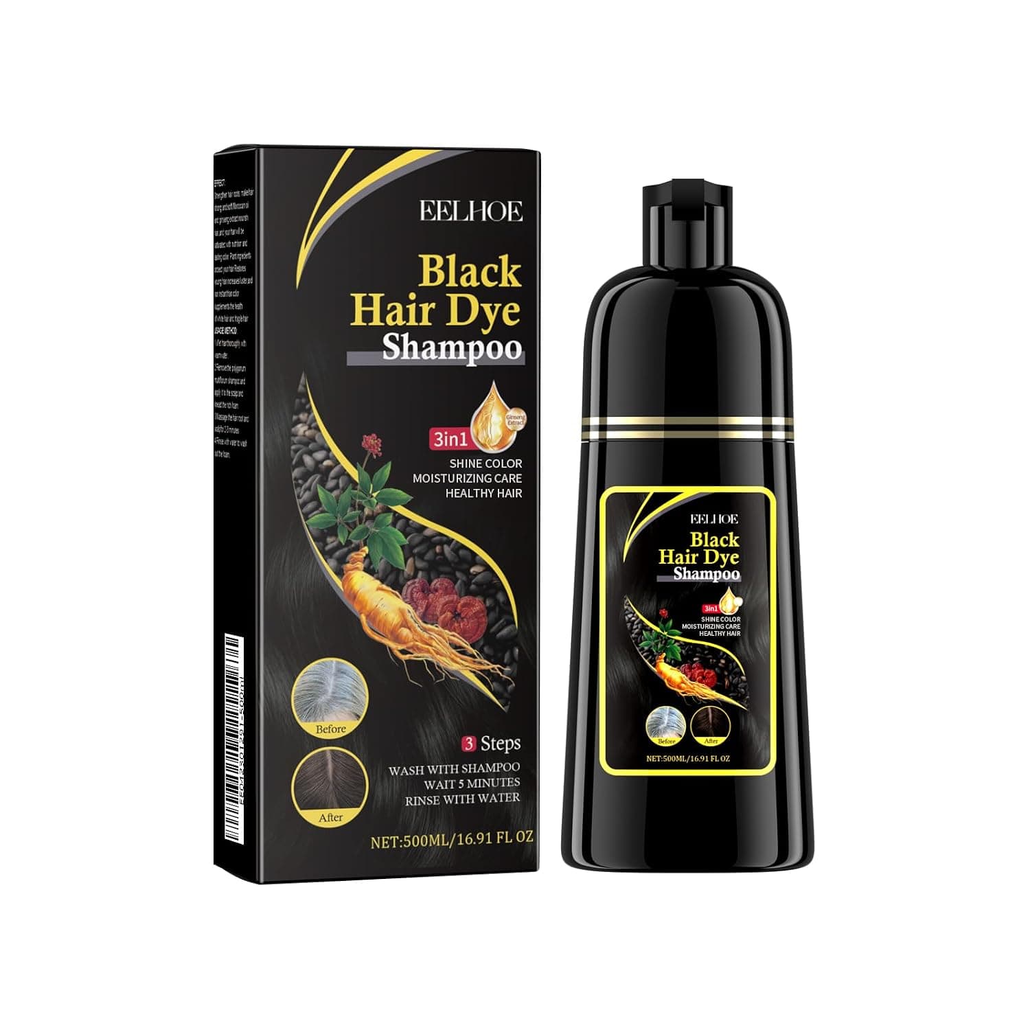 2 Bottles Instant Black Hair Dye Shampoo, 3-in-1 Natural Gray Coverage Shampoo with Polygonum Multiflorum, Nourishing Formula for Men & Women, 16.9 Fl Oz, Black