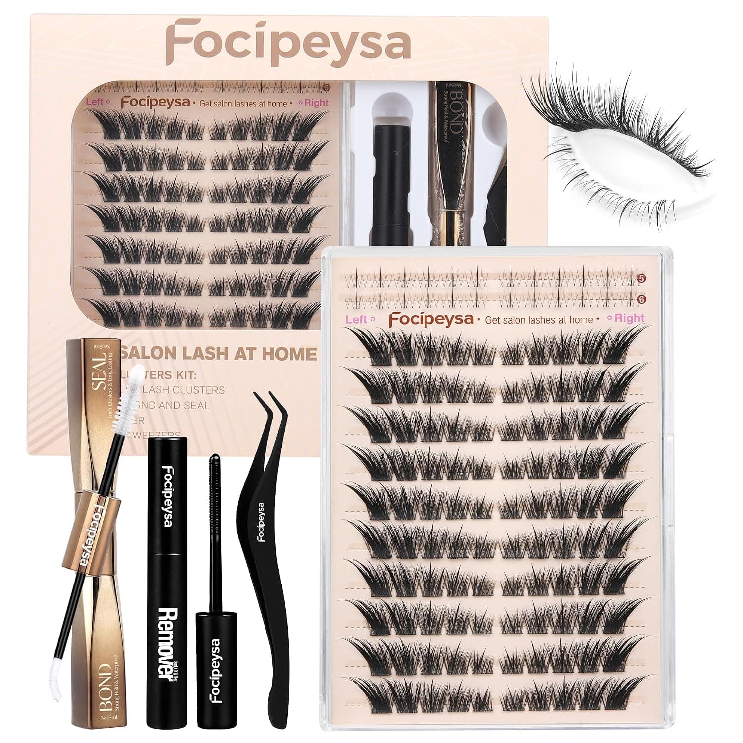 Focipeysa Fox Eye Lash Clusters Kit Fox Tail Lashes Cluster Eyelash Extensions Kit with Lash Bond and Seal, Lash Remover Lash，Lash Tweezers DIY Lash Clusters Set