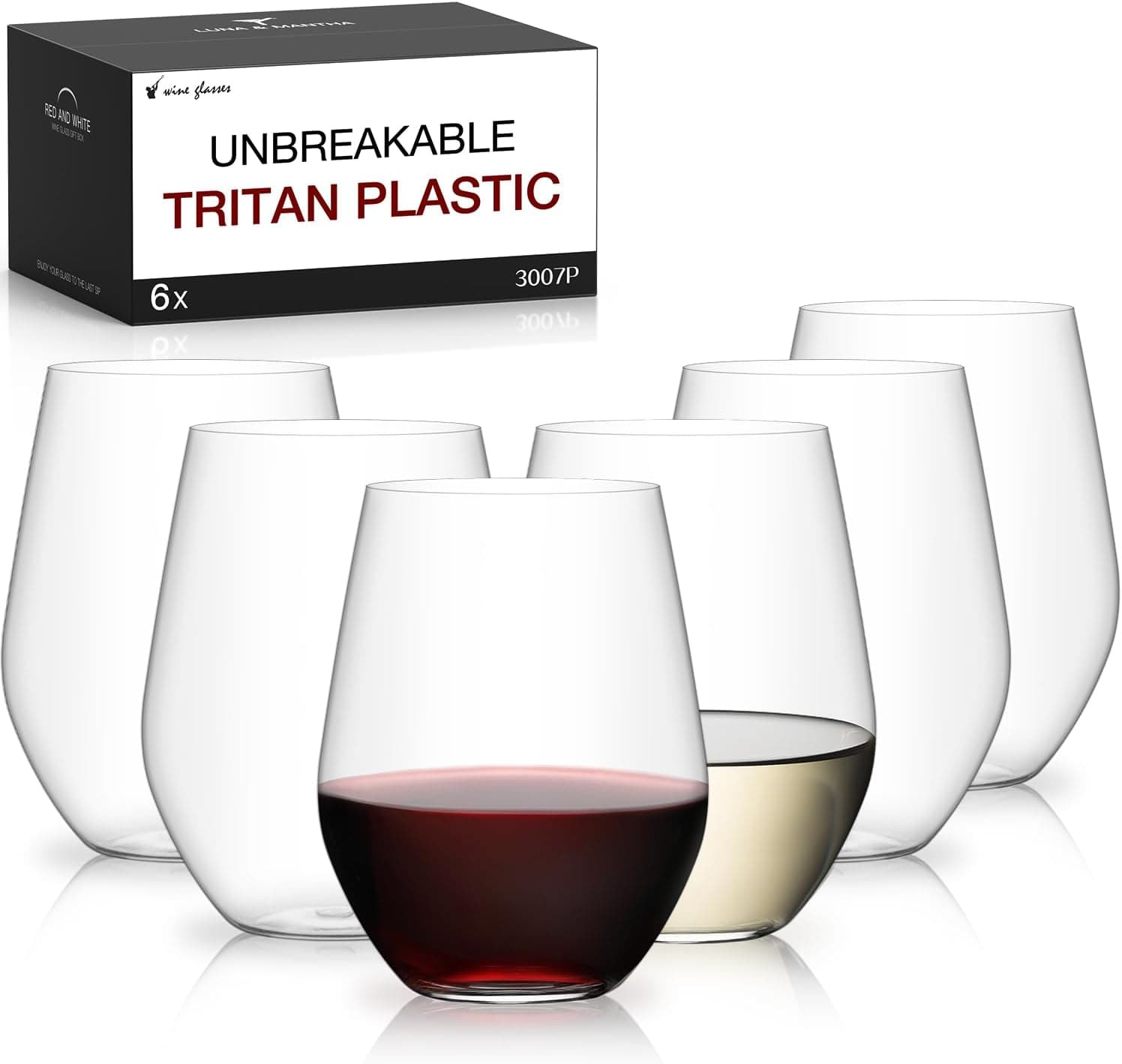Plastic Stemless Wine Glasses Set of 6, Reusable BPA-Free Tritan Plastic Wine Cups, Unbreakable Wine Glasses for Outdoor Use, Poolside, Party, Camping, 16-Ounce, Lightweight