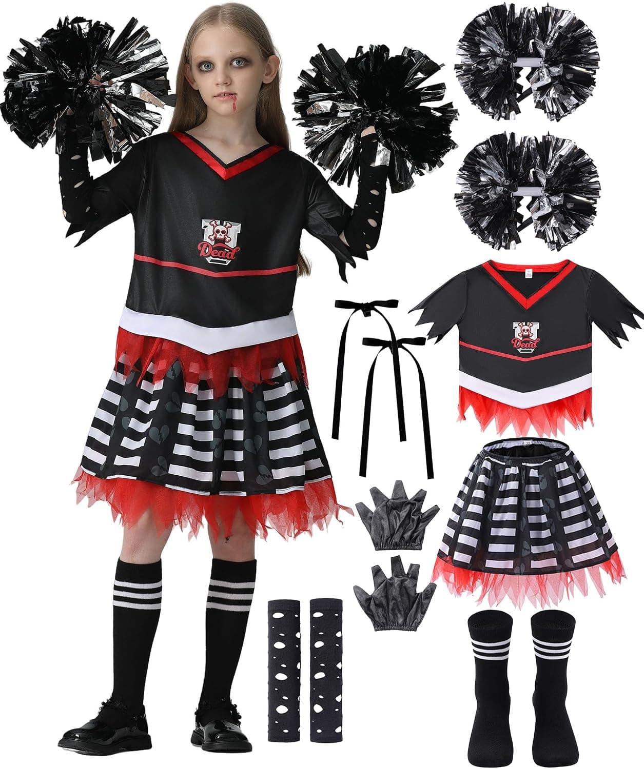Cheerleader Costume for Girls Zombie Cheerleaders Outfit Kids Halloween Scary Bloody Dress Accessories Set