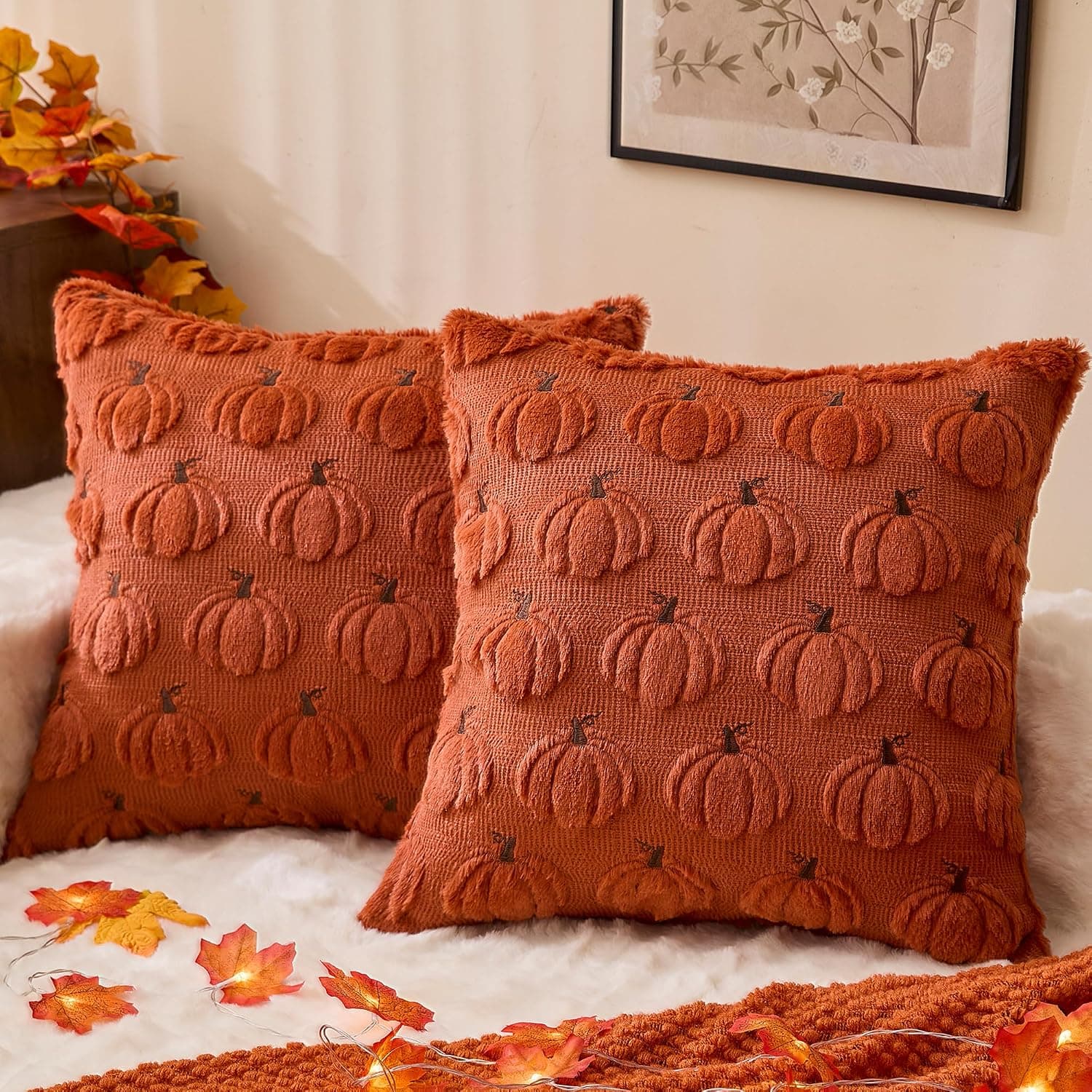 Fall Decorations Pillow Covers 18x18 Set of 2 Rust Thanksgiving Autumn Harvest Pumpkin Decorative Throw Pillow Cases Soft Plush Faux Fur Cushion Covers for Sofa Couch Bed Chair Living Room Fall Decor