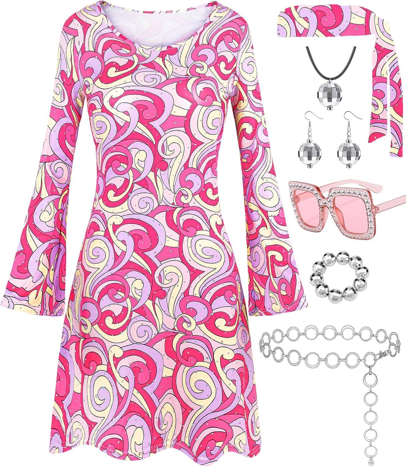 Hippie Costume for Women 60s 70s Disco Dress Outfits Peace Sign Necklace Earrings Sunglass Accessories Set