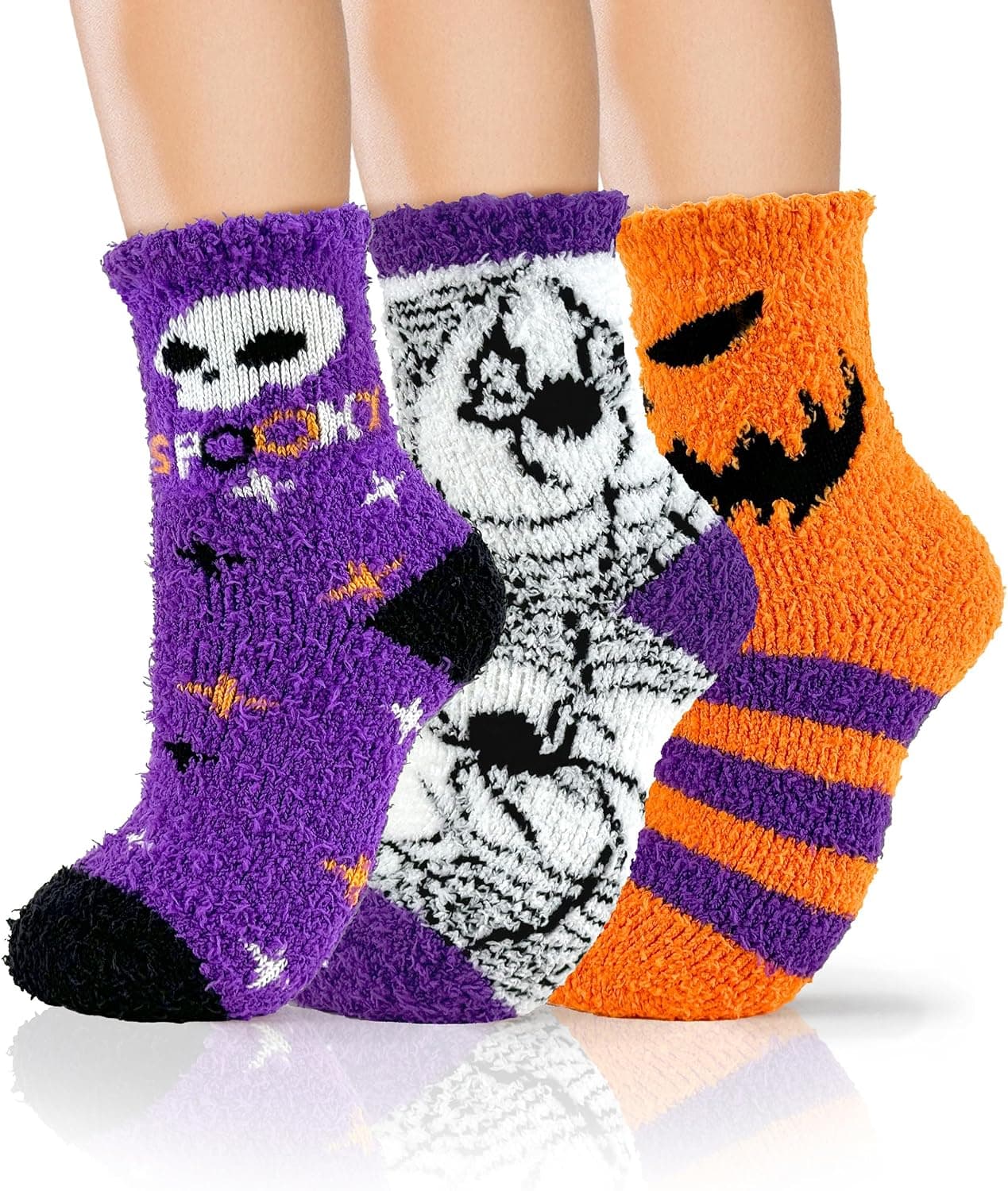 Halloween Fuzzy Socks for Women 72-Needle, Halloween Gifts Boo Spooky Basket Stuffers, Cozy Funny Cute Crazy Warm Fluffy Slipper Socks for Girls 3 Pairs