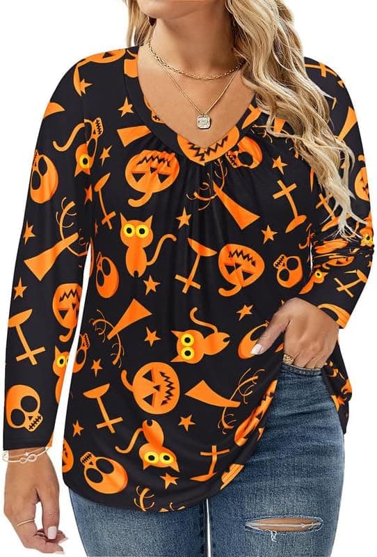 Women’s Plus Size Tops Long Sleeve Pleated Flowy Round V Neck Tunic Dressy Casual Loose Fit T-shirts Blouses 