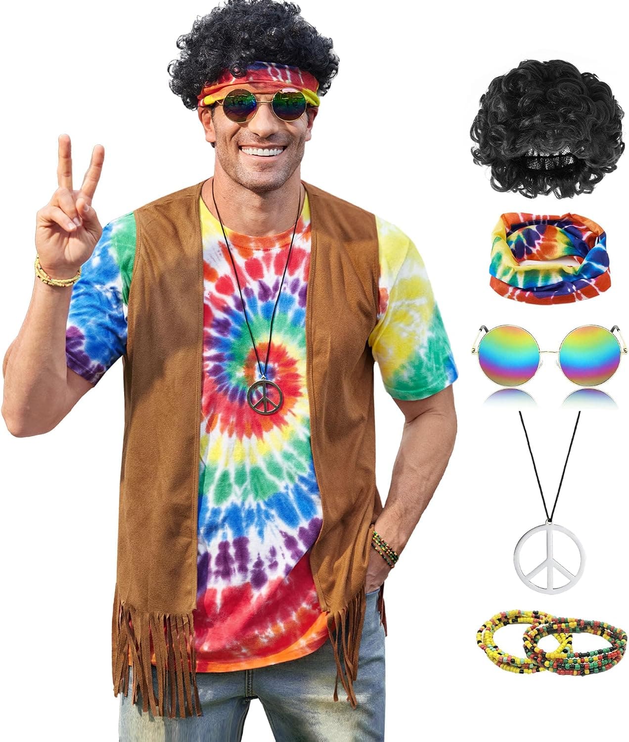 Mens Hippie Costume Cotton 60s 70s Outfits Accessories Tie Dye Shirt