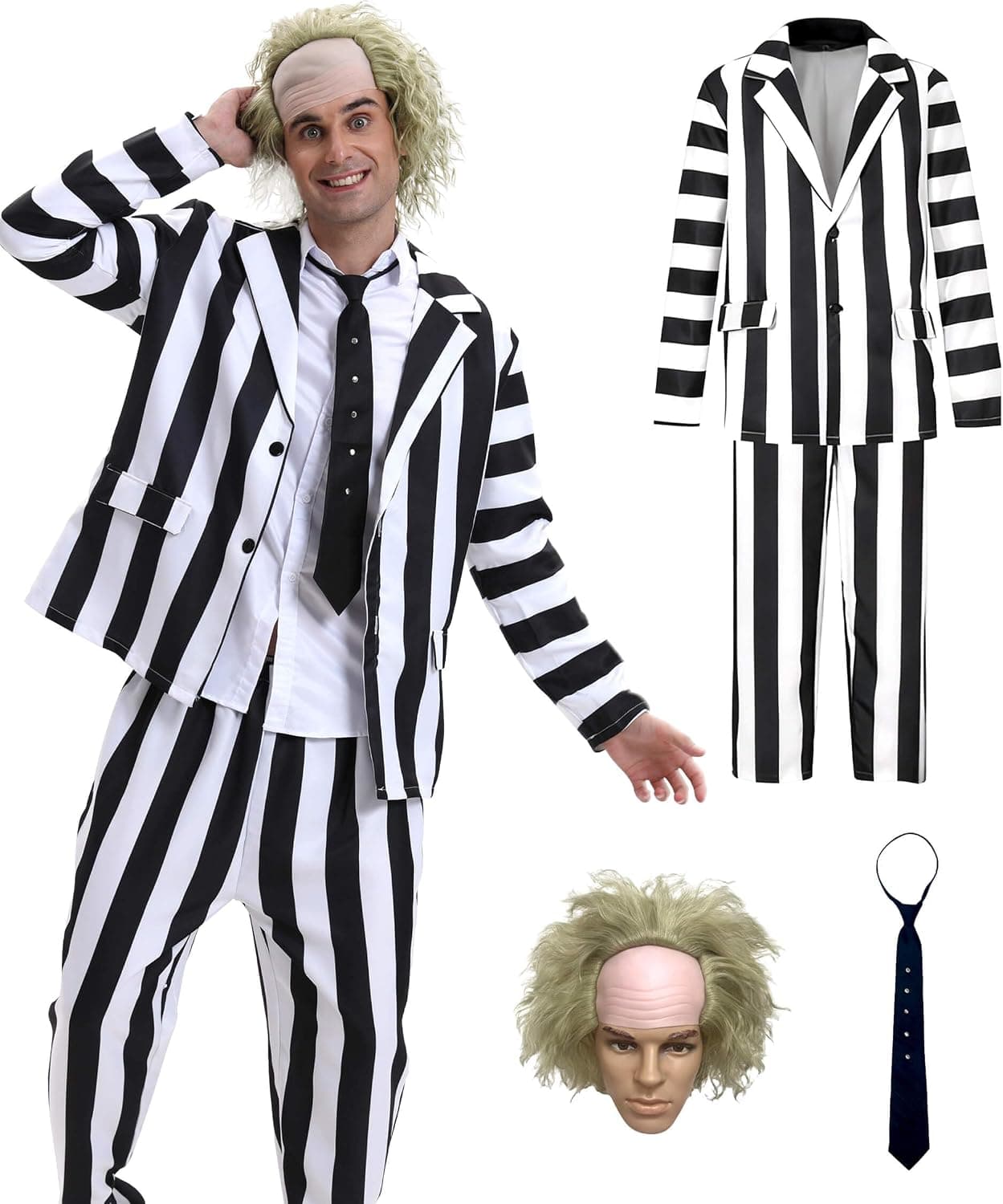 Men's Black & White Striped Halloween Costume Set – Jacket, Pants & Tie – Classic Movie-Inspired Cosplay Outfit