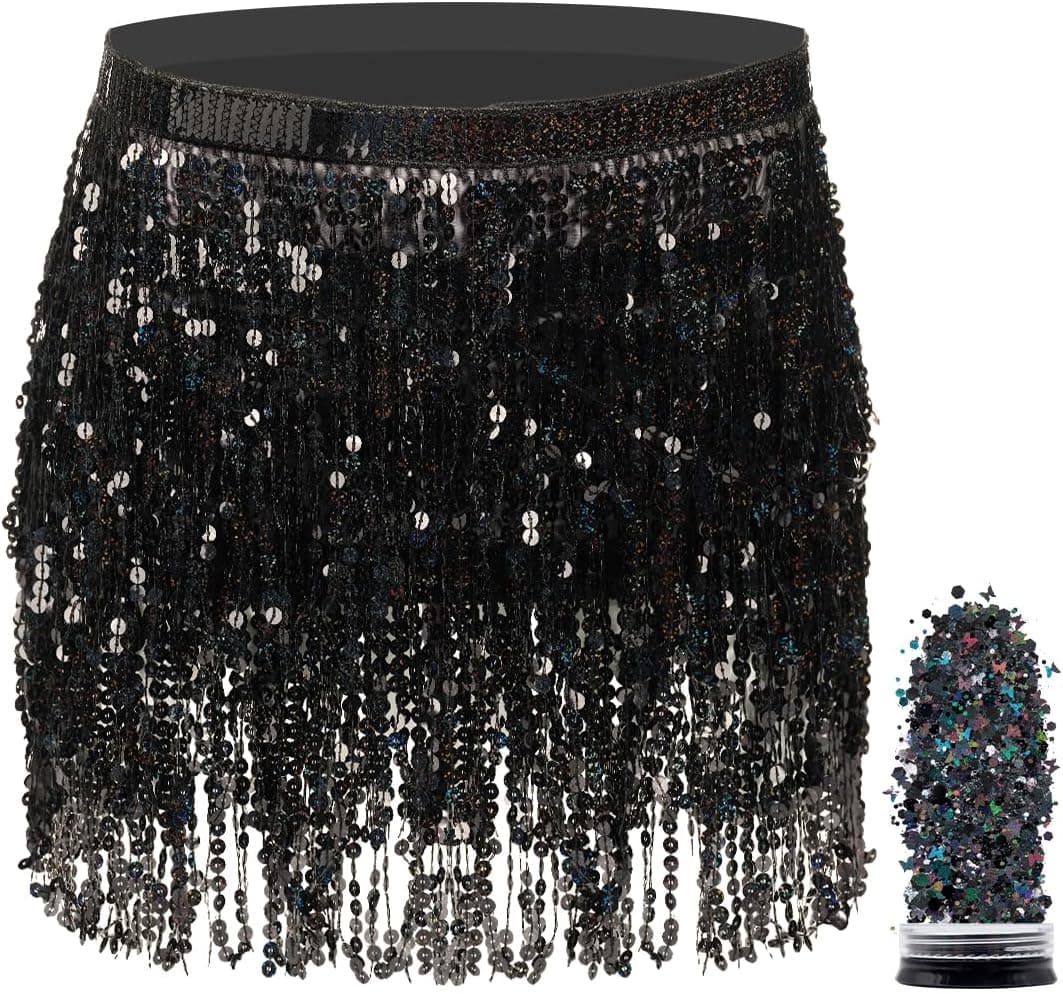 Funcredible Mini Skirt - Sequin Sparkly Skirt - Hula Skirt - Holographic Tassel Skirts