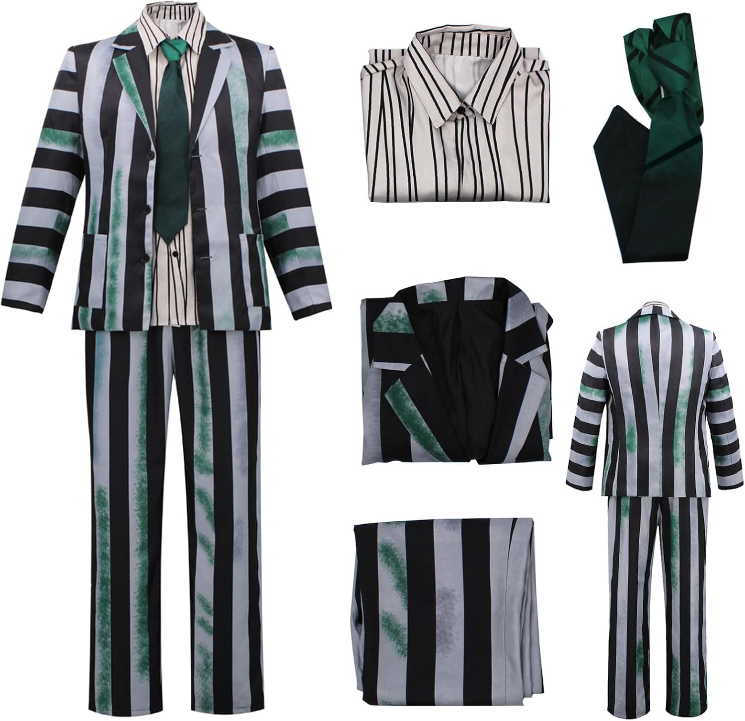 Men Beetle Juice Cosplay Costume Black and White Striped Suit Horror Movie Halloween Scary Ghost Outfit