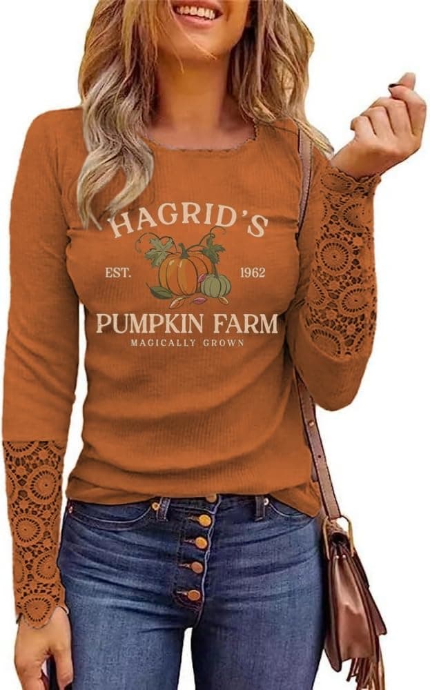 Womens Fall Pumpkin Shirt Funny Halloween Thanksgiving Lace Splicing Long Sleeve Tee Holiday Family Party Aumtun Tops