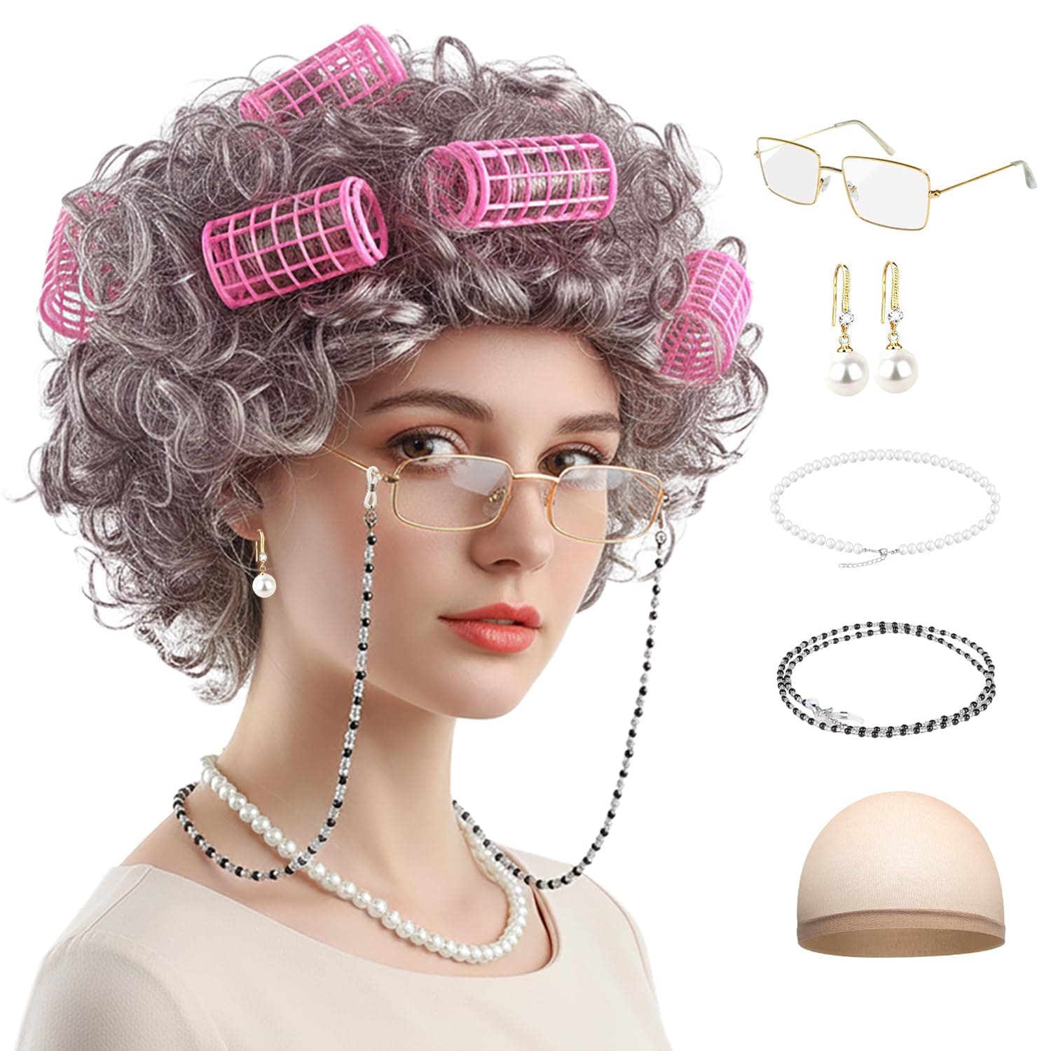 Old Lady Wigs for Women Grandma Costume with earrings (Brown Curly)