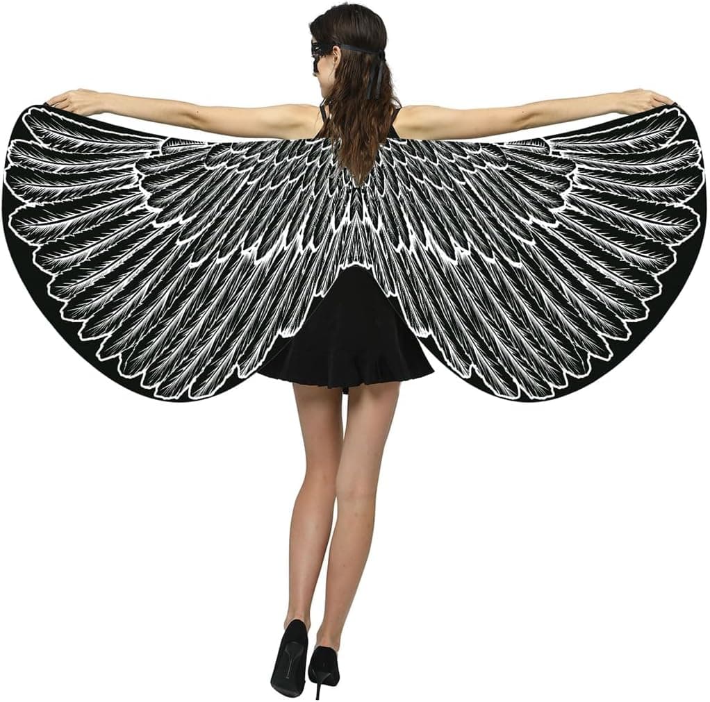 Womens Butterfly Wings Shawl Adult Halloween Costume Double Sided Black Bird Fairy Cape with Mask (Two-Sided Black)