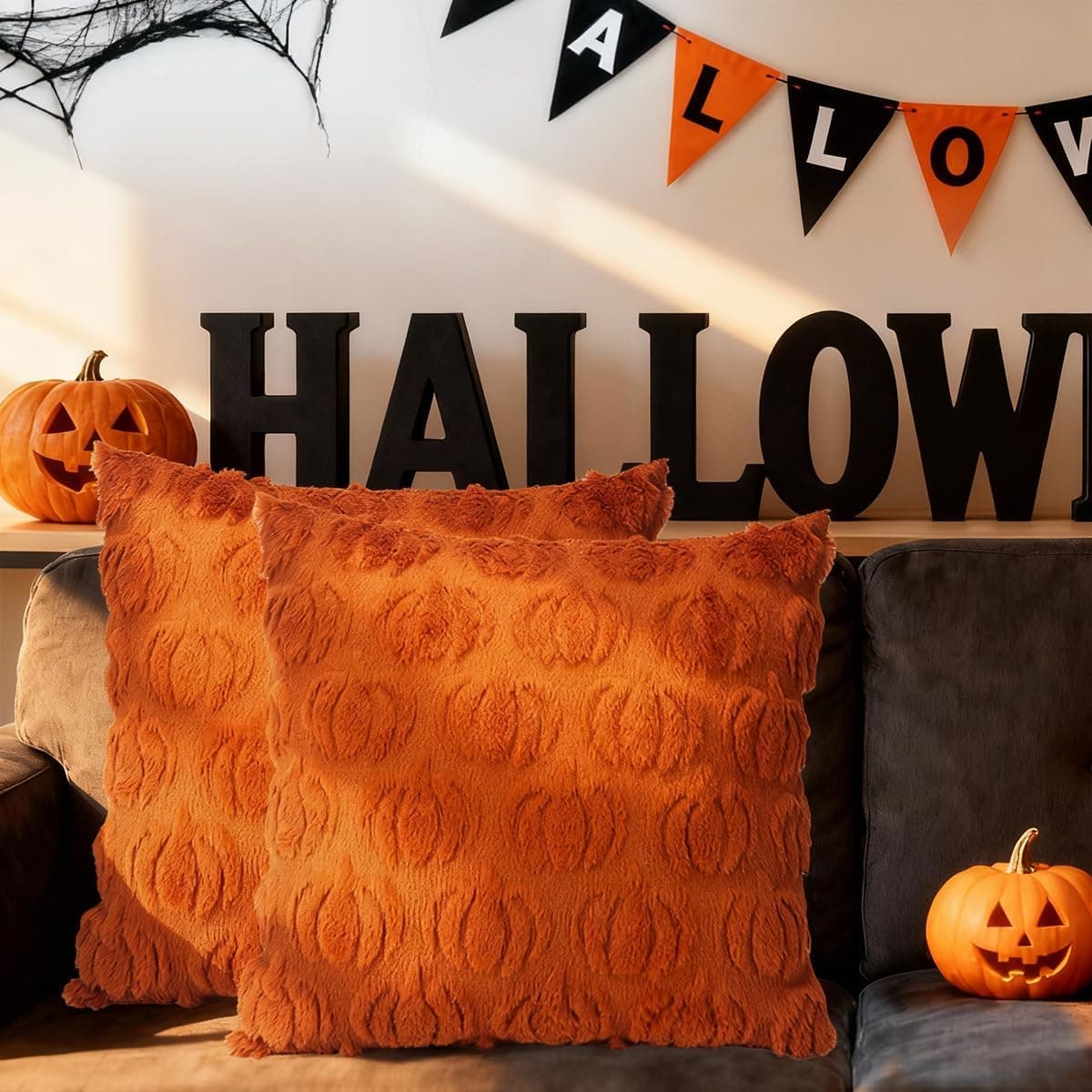 Halloween Soft Pillow Covers 18x18 Inch Set of 4 Throw Pillow Covers, Plush Faux Fur Pillow Cases for Chair, Sofa and Home Decor (Pumpkin)