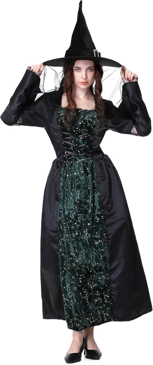 Colorful House Adult Witch Costume Women Halloween Costumes Witches Outfit Cute Green Witch Dress