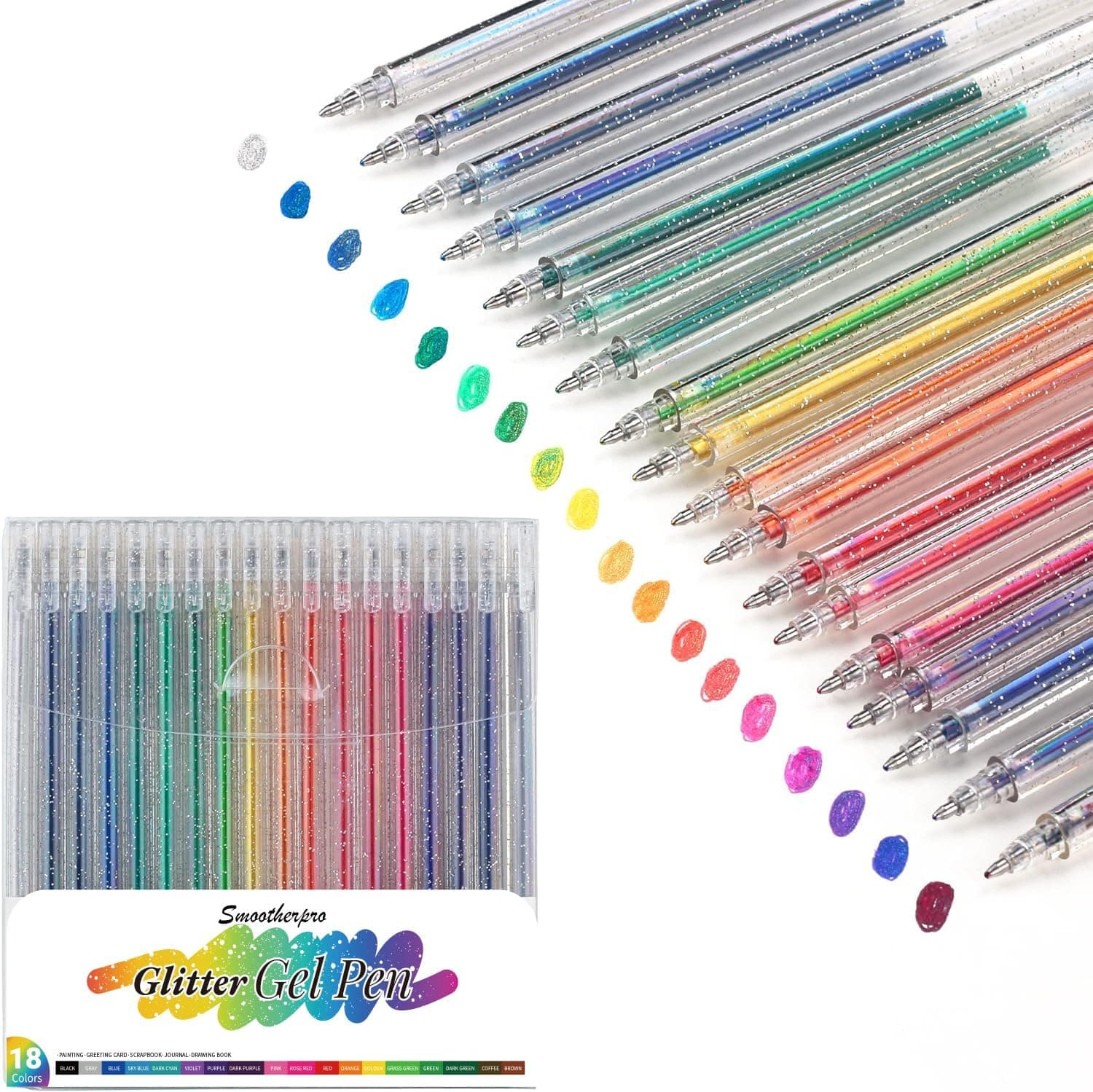 SMOOTHERPRO Glitter Gel Pens 18 Colors, Vibrant, Sparkly Metallic Pens for Coloring, Journaling & Scrapbooking Colored Gel Pens for Adults