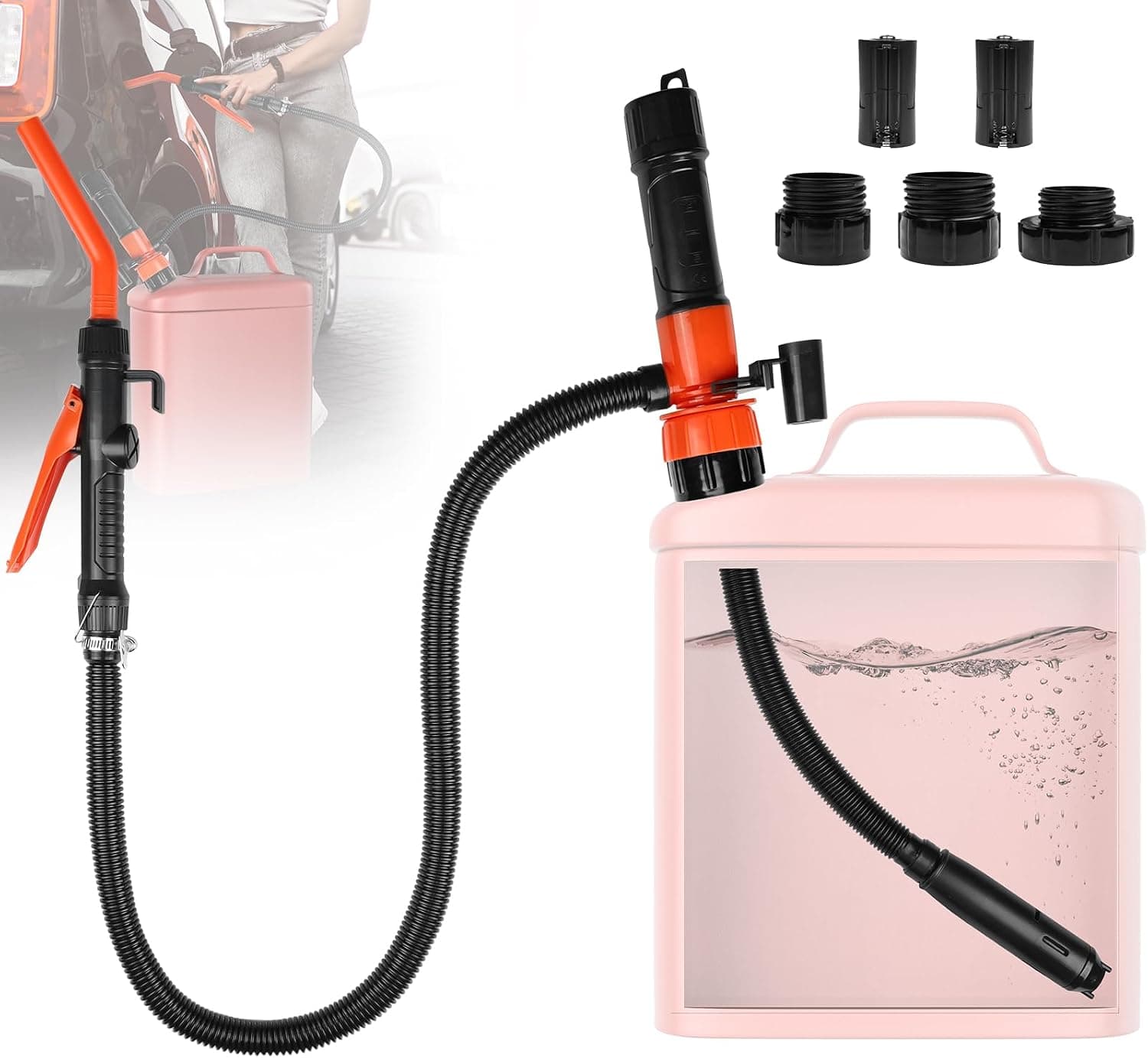 Portable Power Battery Transfer Pump, Fuel Transfer Pump Battery Powered with 6 Adapters, Gas Siphon Pump for Gasoline, Effortless Liquid Transfer Pump for Cars, Motorcycles, Camping（2 Pack）