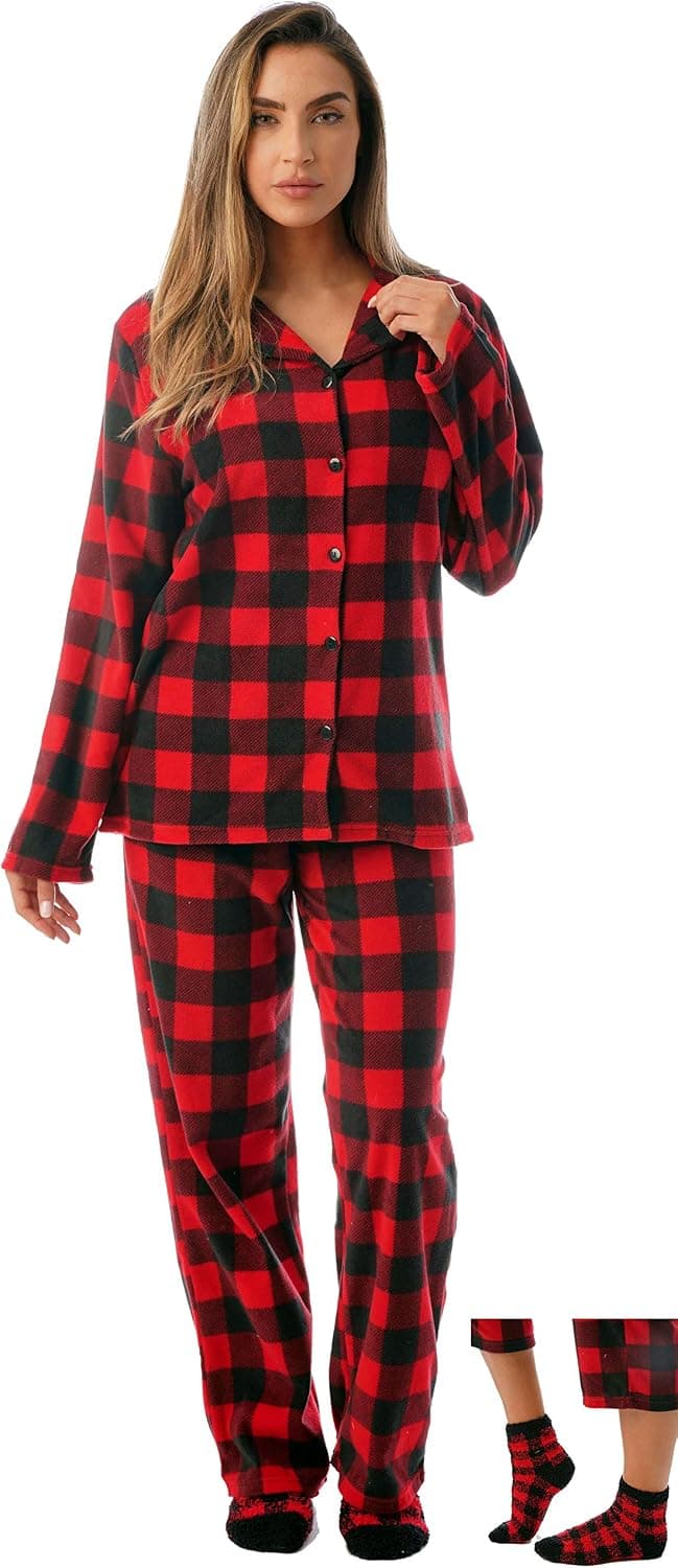 Med Printed Microfleece Button Front PJ Pant Set 