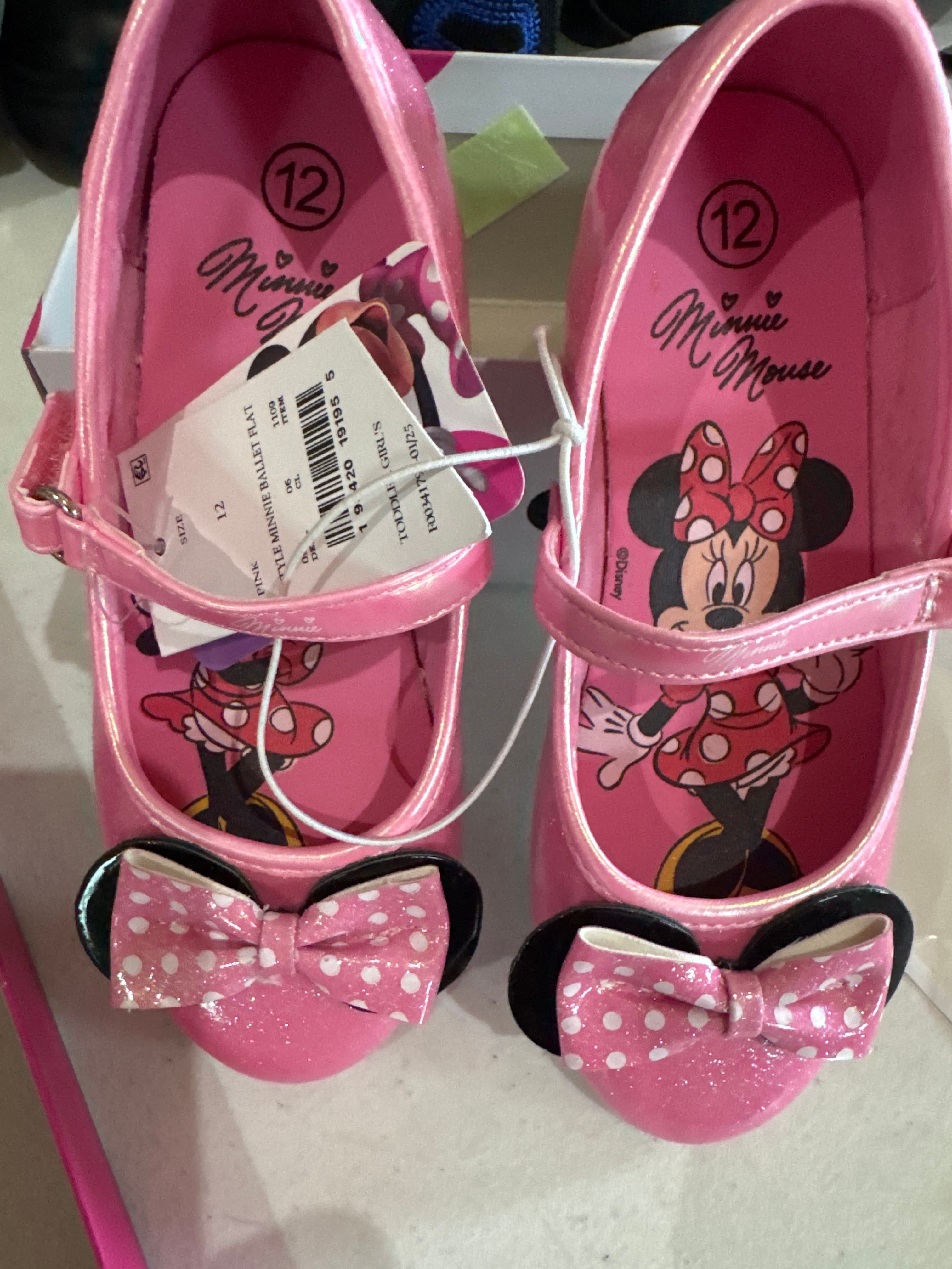 Toddler Girls' Disney Minnie Mouse Ballet Flats - Pink 12T: Hook & Loop Strap, Decorative Bow, Closed Round Toe