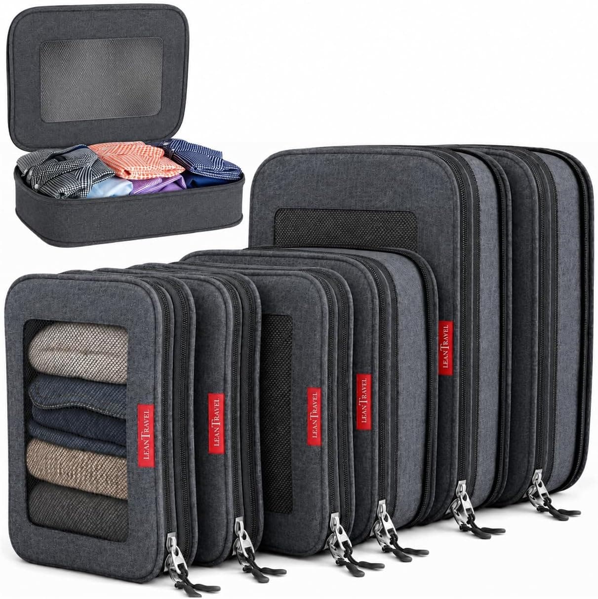 LeanTravel Premium Compression Packing Cubes for Travel - Suitcase Organizer Bags with Double Zipper & Breathable Mesh Panel - Space Saving Carry On Luggage Essentials (6-Pack, Black)
