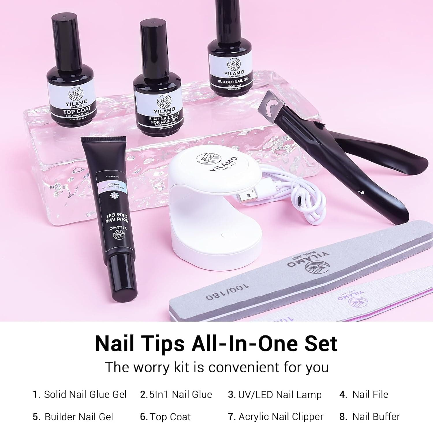 Nail Tips All-In-One Set with Nail File, Nail Clipper, Nail Glue & UV Light
