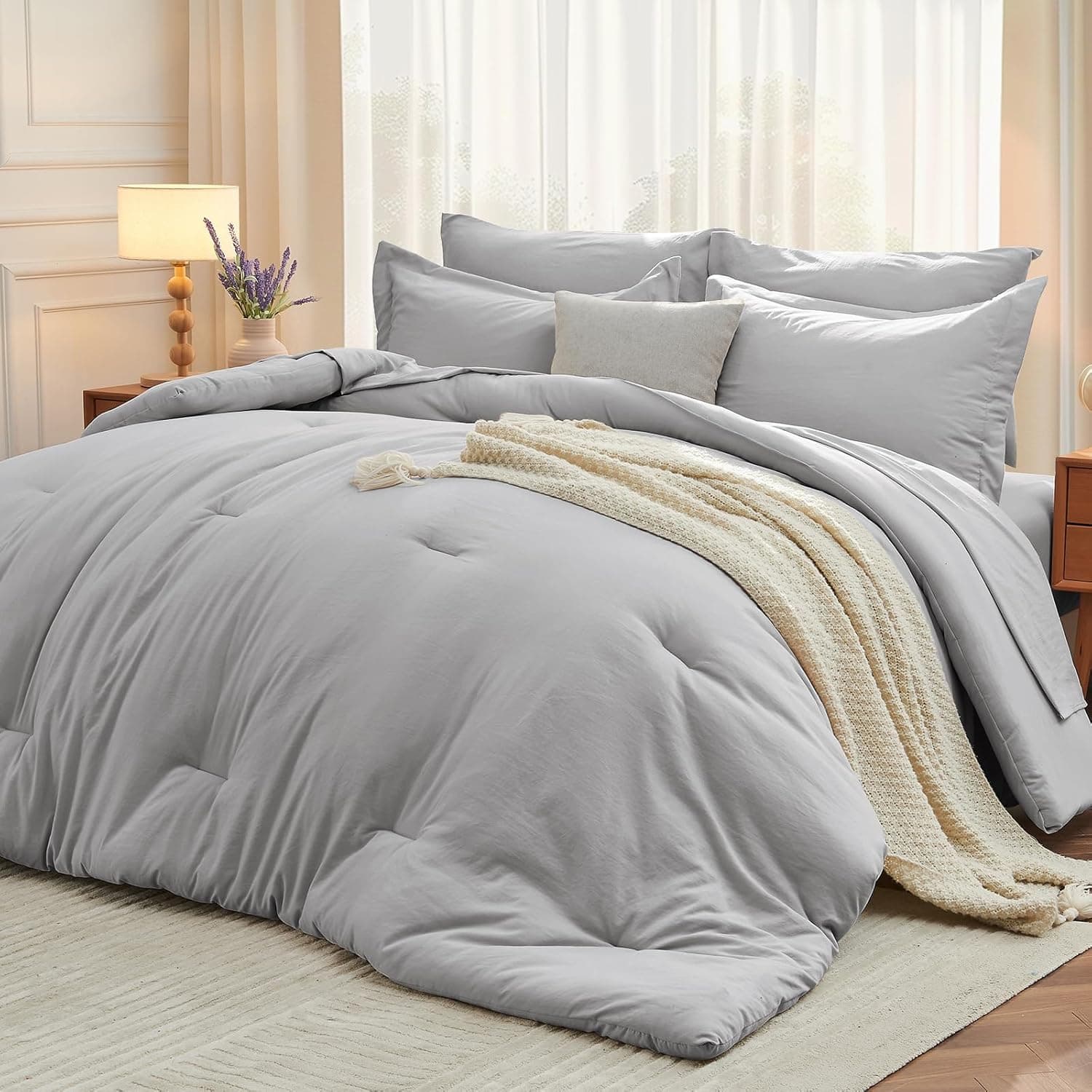 8 Pieces Queen Comforter Set, Soft Bed in a Bag Queen Size, All Season Bedding Set with Comforter, Flat Sheet, Fitted Sheet, Pillowcases & Shams, Light Grey