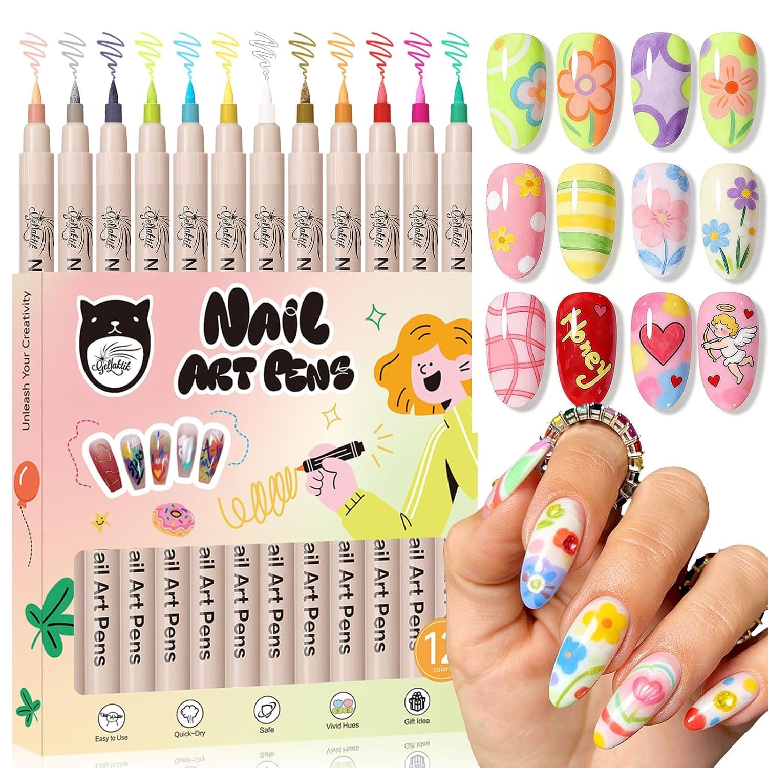 12 Colors 3D Nail Art Pens 0.7mm, Waterproof Quick Dry for DIY Nail Design