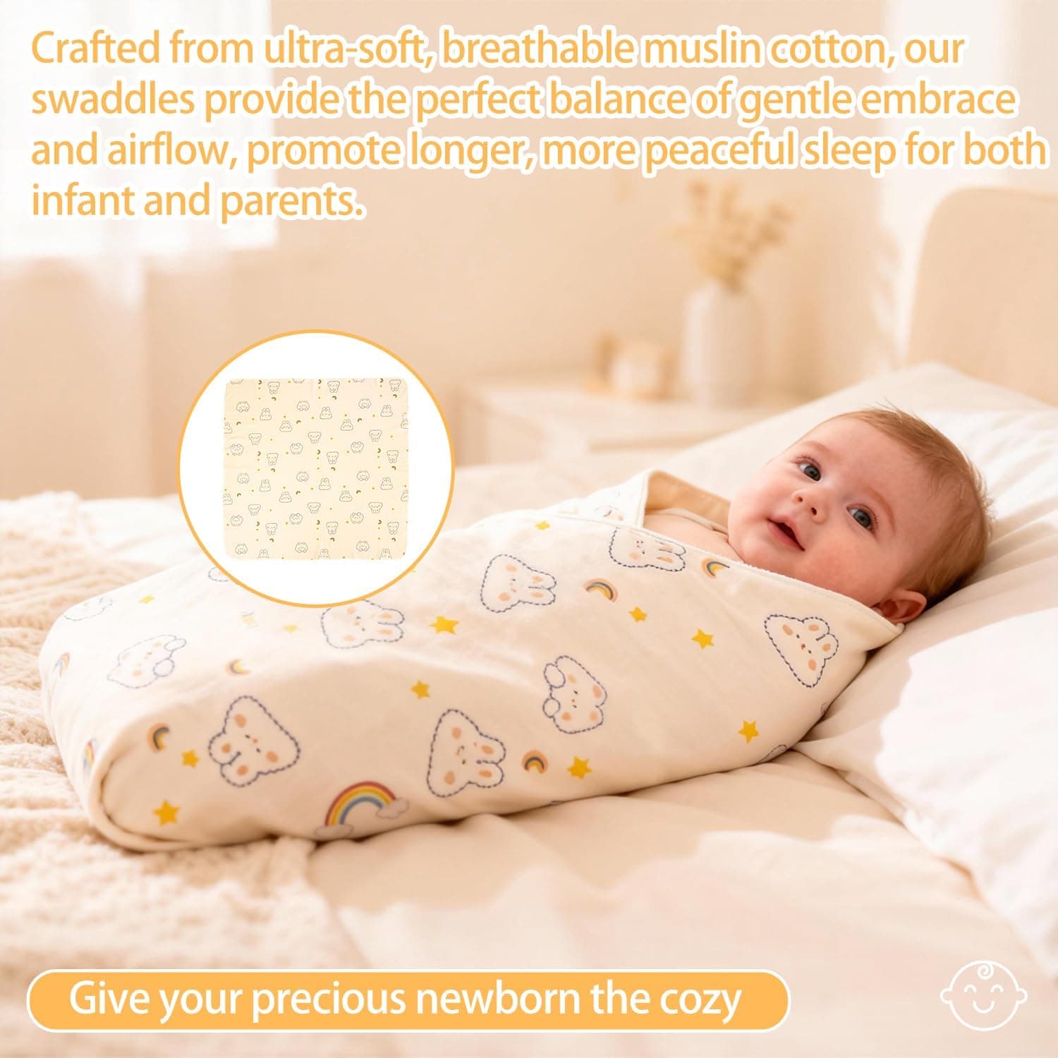 100% Cotton Knitted Baby Swaddle Blanket, 33.5"x33.5", Newborn Swaddle Wrap, Receiving Blankets, Burping Cloth & Stroller Cover (Rainbow - Rabbit)