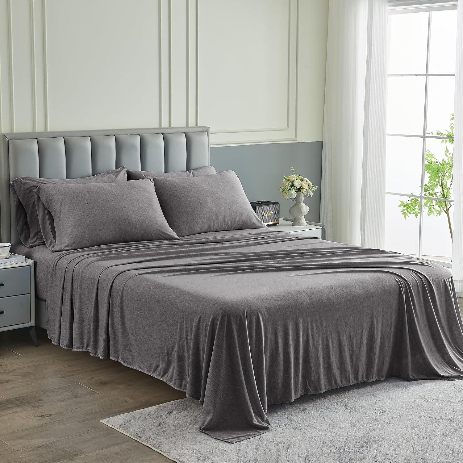 Pure Bedding Twin Jersey Sheet Set - Ultra-Soft Microfiber Bed Sheets - Double Brushed - Deep Pockets - Extra Soft - 3 Piece Set - Bedding Sheets & Pillowcases (Twin, Heather Dark Grey)