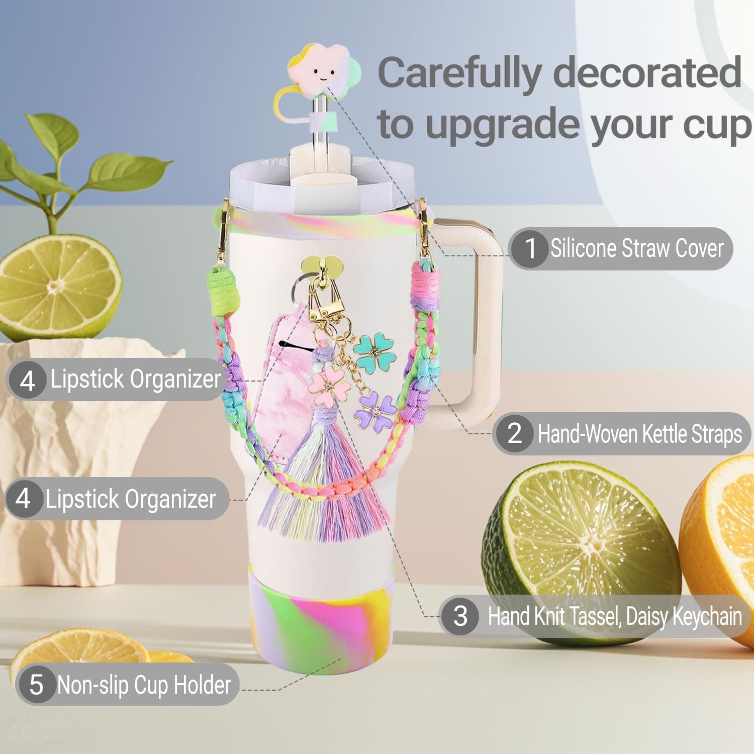 KIKIIKE Stanley Cup Accessories 8pcs Set Including Water Bottle Handle Strap,Silicone Cup Boot, Straw Cover,Stanley Charms for 30oz/40oz Tumbler