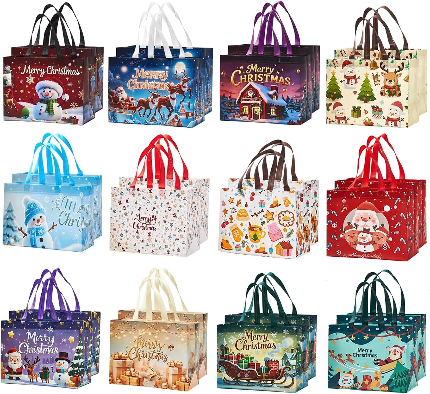 16 Pack Large Christmas Gift Bags 12.8"*6.7"*9.8", Reusable Non-Woven Tote Bags with Handles For Christmas Surprise, Xmas Party Supplies Wrapping Shopping
