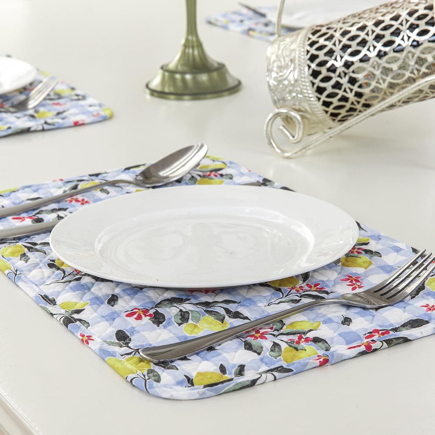 Sunshine Nicole Placemat Set of 4, Printed Pattern of Lemon Plaid, for Kitchen Table Indoor and Outdoor, 100% Cotton Fabric with Diamond Quilting, Prewashed