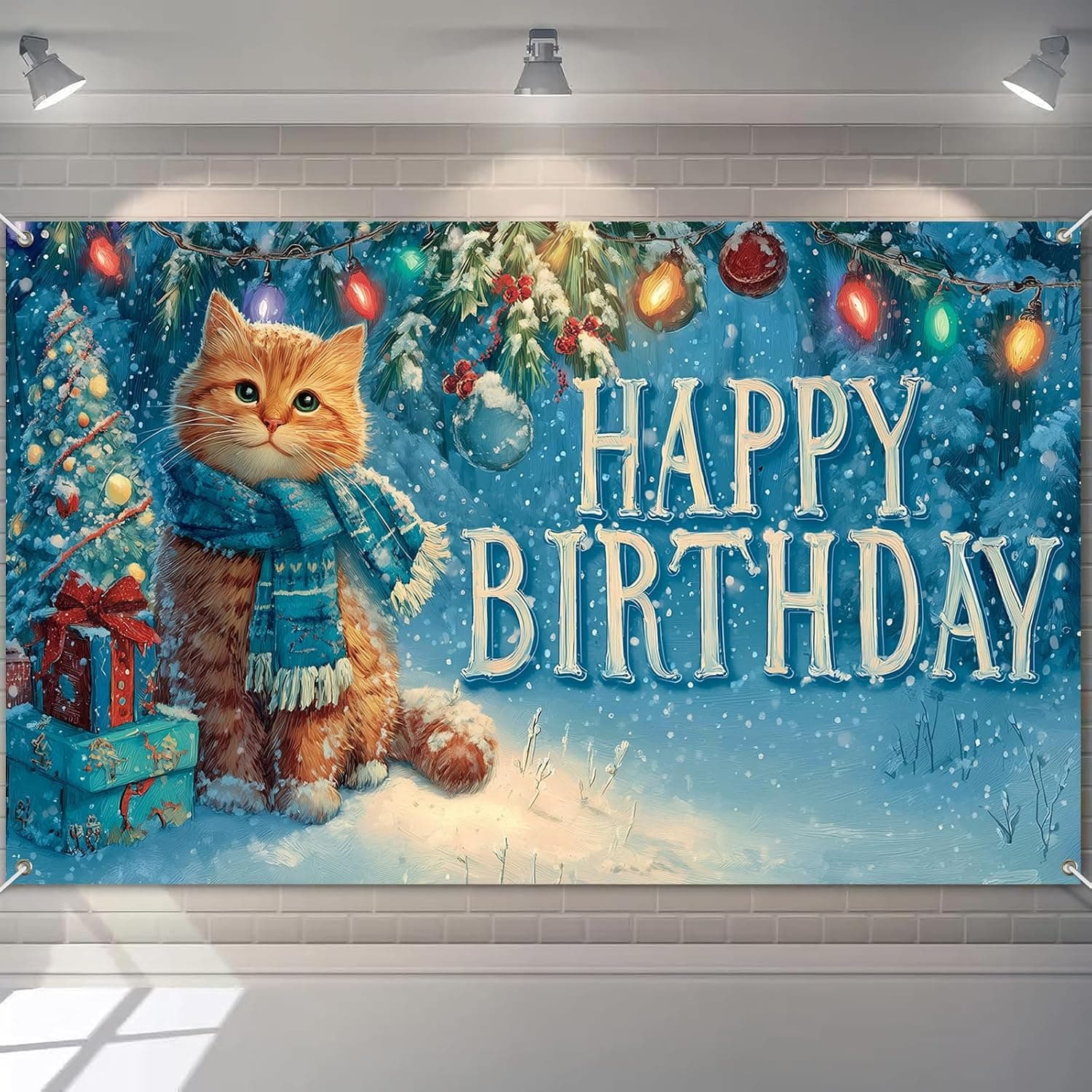 HOMETITUTE Winter Ginger Cat Birthday Backdrop 71x43 Inch