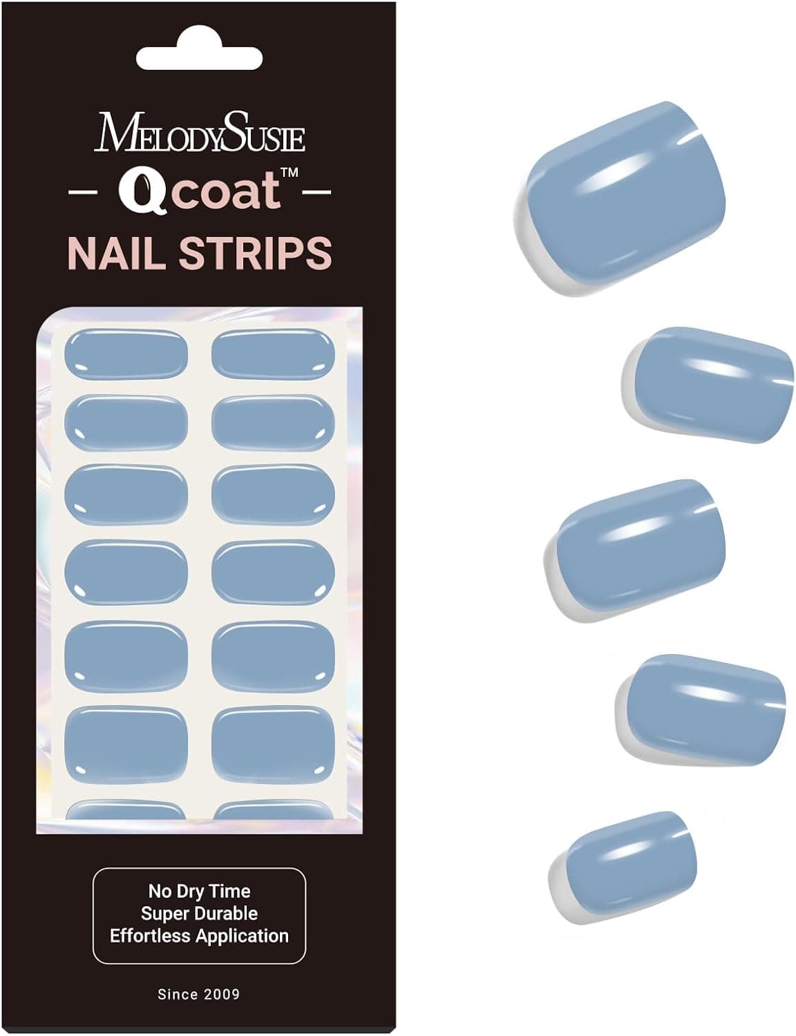 MelodySusie Qcoat Fully Cured Gel Nail Strips, Baby Blue, UV Free, Salon Quality, Long Lasting Stickers, Includes 22 Nail Wraps, 2 Prep Pads, Nail File, Wooden Stick 2 sets 