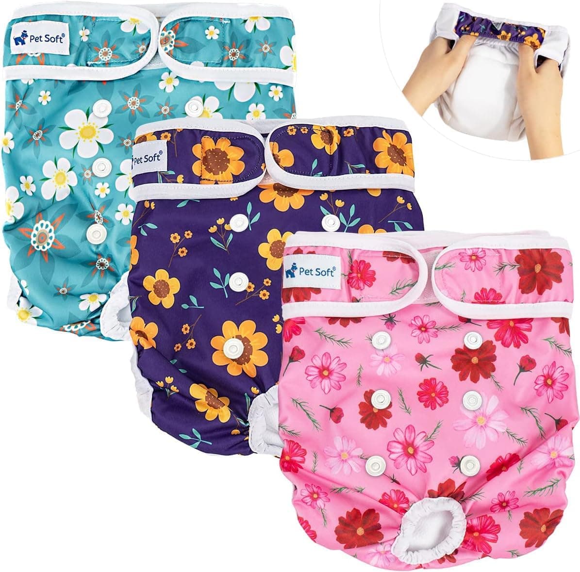 Pet Soft Washable Female Diapers (3 Pack) Female Dog Diapers, Comfort Reusable Doggy Diaper for Girl Dog in Period Heat (Cute Flower, Xs)