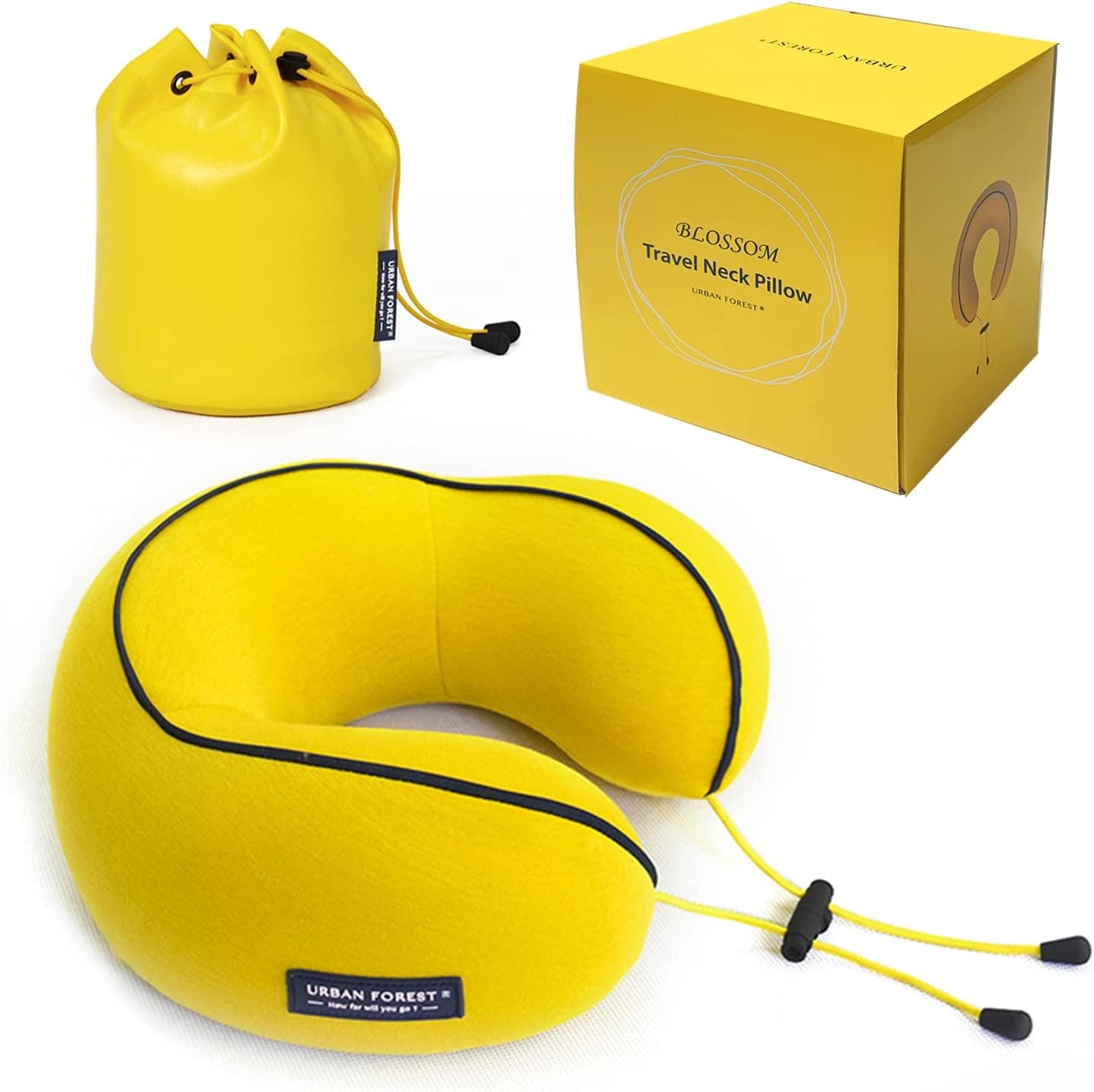 URBAN FOREST Neck Pillow,Memory Foam Neck Pillow,Ergonomic&Washable Nap Pillow,Can Be Rolled Up,Hoodie Lock, Airplane Long Travel Pillow(Drawstring Bag) (Yellow)