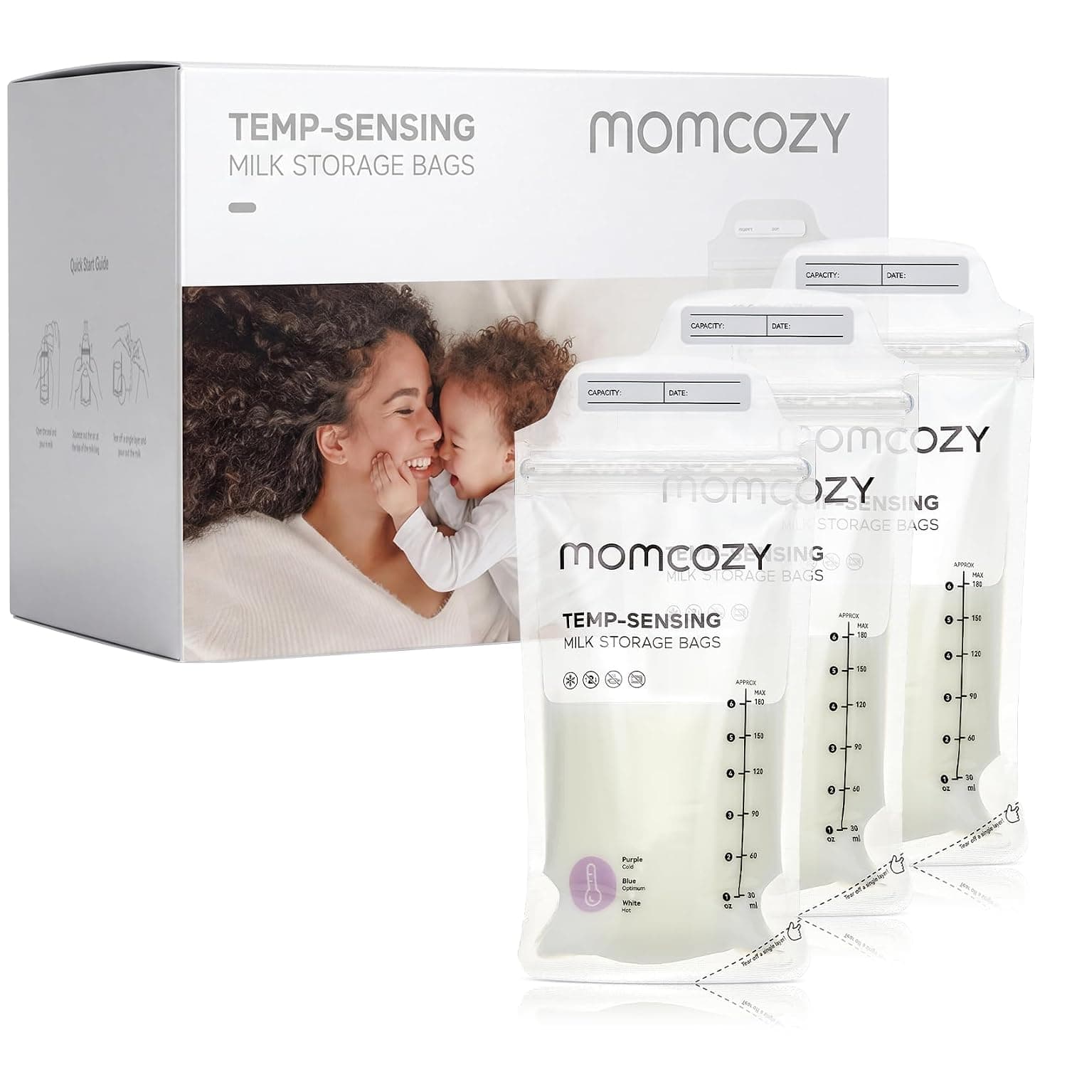 Momcozy Breastmilk Storing Bags, Temp-Sensing Discoloration Breastfeeding Essentials, Disposable Thickened Milk Storage Bag with 6 Ounce Self-Standing, No-Leak Milk Freezer Storage Pouches, 50pcs
